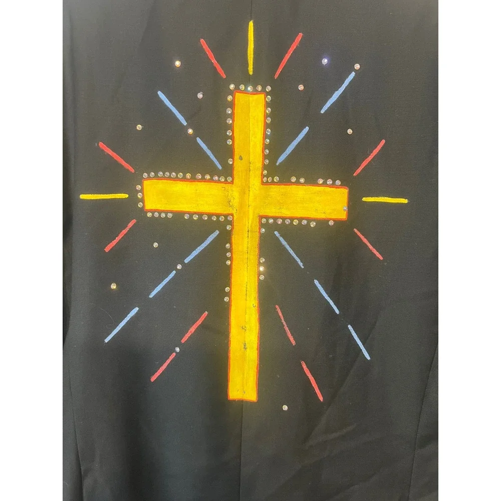 OOAK Hand Painted Wool Blazer 44R Rhinestone Cannabis Cross Wearable Art